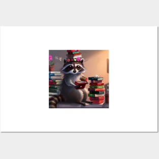 Cozy Raccoon Reading Books Posters and Art